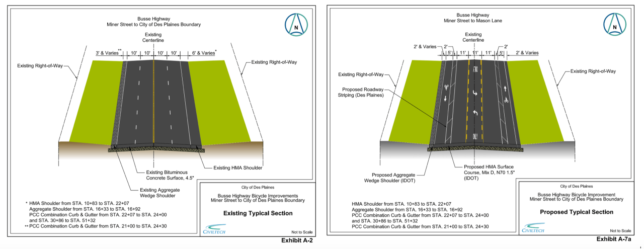 Proposed road diet on Busse Highway in Des Plaines. A similar layout is planned for most of the rest of Busse Highway north of Touhy.