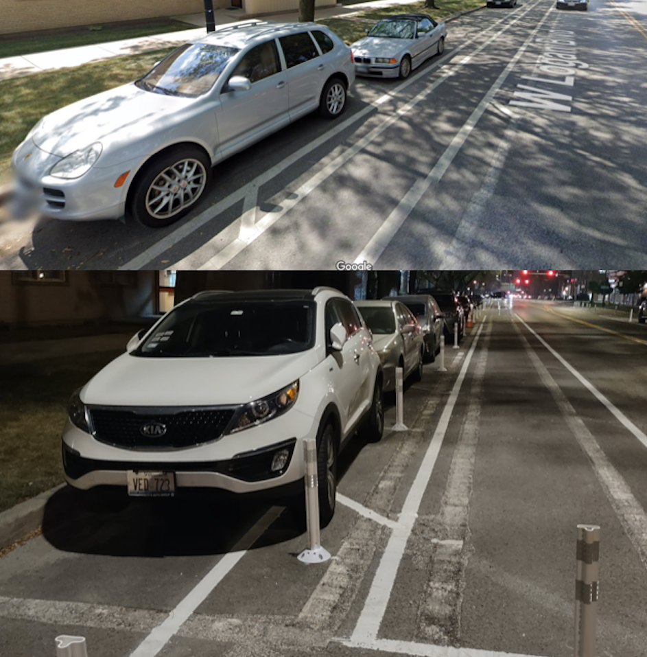 Looking east on Diversey towards Elston before and after CDOT converted buffered lanes to parking protected bike lanes. It's going to take drivers a little while to get used to the "floating" parking lane. Top image: Google Maps