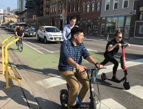 Scooter riders on Milwaukee Avenue in River West during the 2019 pilot. Photo: John Greenfield
