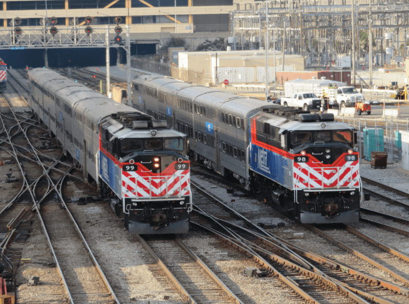 Metra Twins pulling out of Union Station. Photo: Jeff Zoline