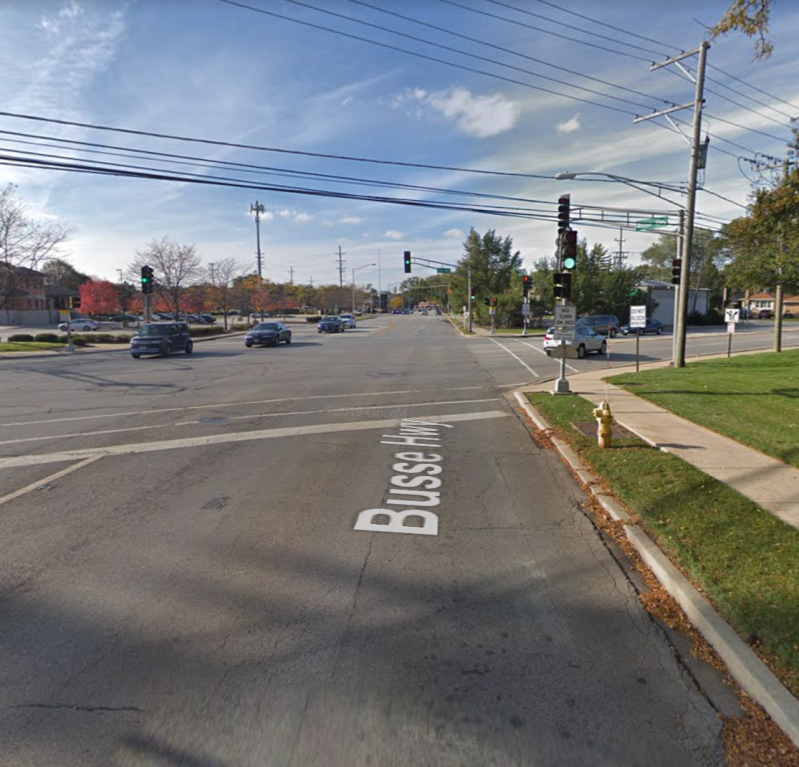 The intersection of Dee, Oakton, and Busse. IDOT says this complex intersection, located just north of Metra tracks, can't handle a road diet. Image: Google Maps