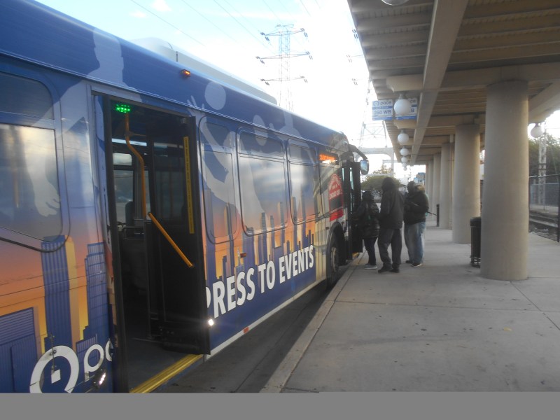 Passengers board westbound Pace Route 250, which serves the busy Dempster corridor. Photo: Igor Studenkov