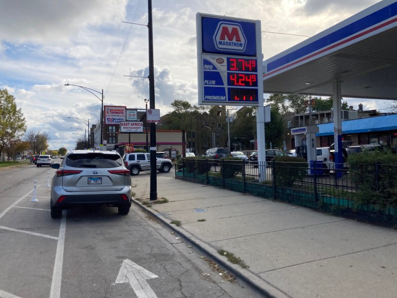 A common sight on Clark: A vehicle parked in the new bike lanes. Photo: John Greenfield