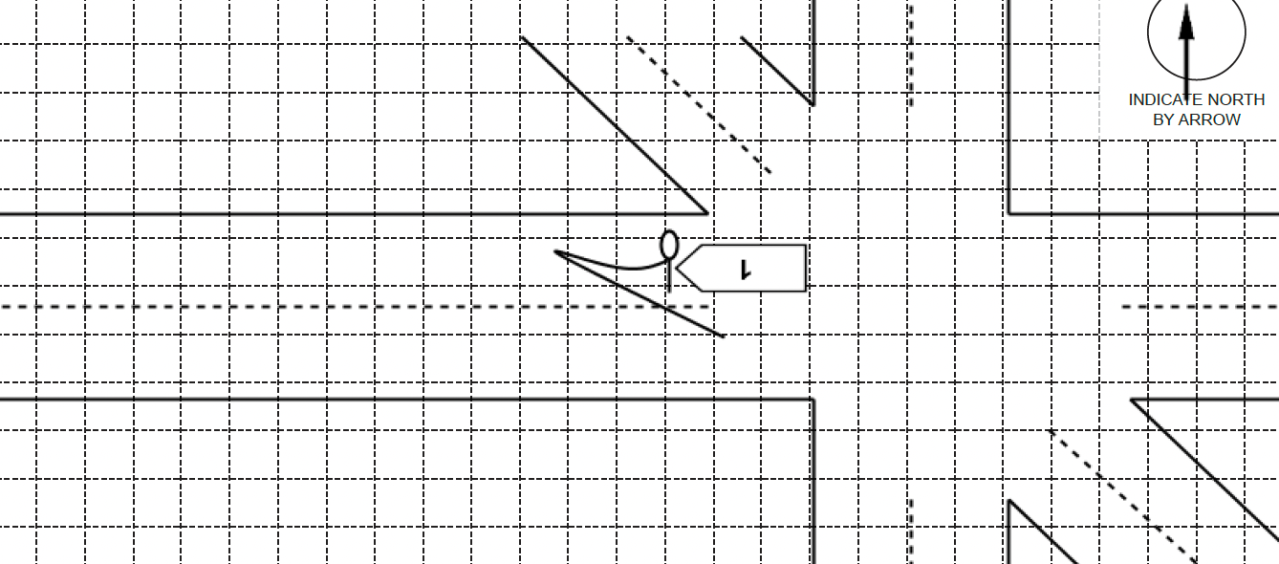 Diagram of the collision from the crash report. Lawrence/Broadway is inaccurately depicted here as a six-way intersection.