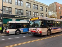 Two out of the three buses clustered at Foster and Clark in Andersonville during a recent rush hour. Photo: John Greenfield