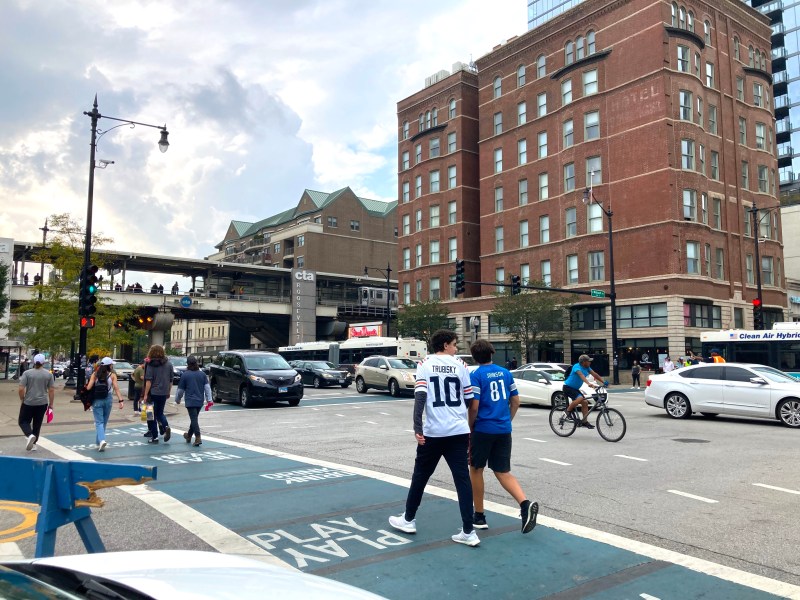People getting around on foot, bike, bus, and train, as well as drivers, at Roosevelt and Wabash this fall. Help us advocate for a truly multimodal Chicago region. Photo: John Greenfield