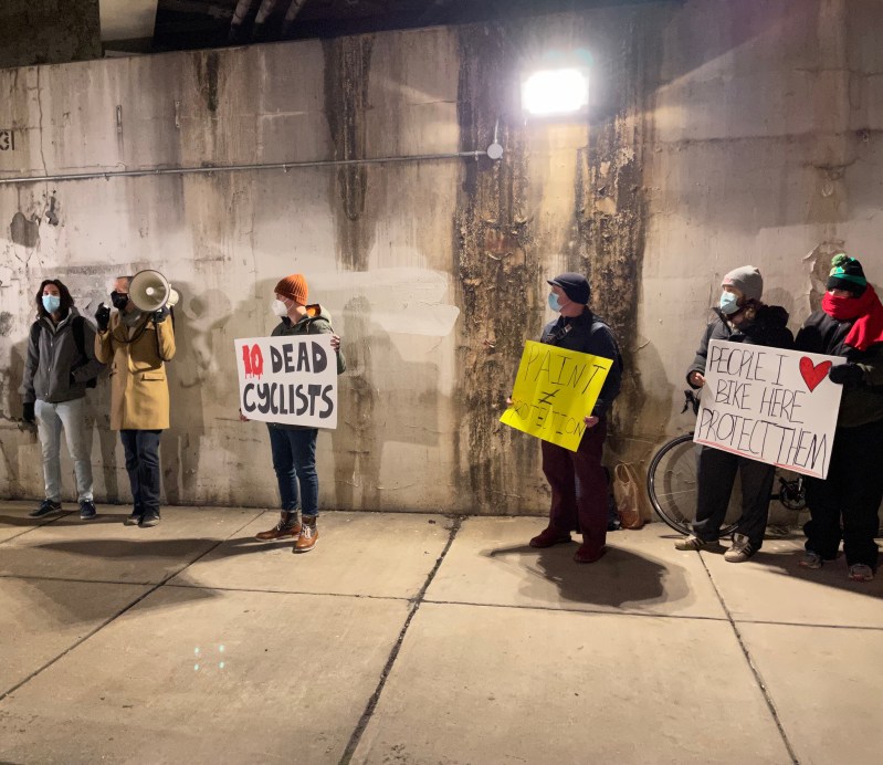 Protesters at last night's rally. At least ten people have been fatally struck by drivers while biking on Chicago streets this year. Photo: Steven Vance