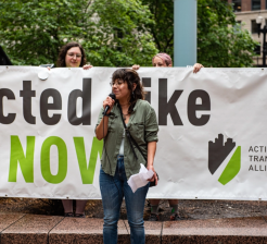 Ruth spoke at a rally for protected bike lanes at the Thompson Center last June. Photo: Active Transportation Alliance