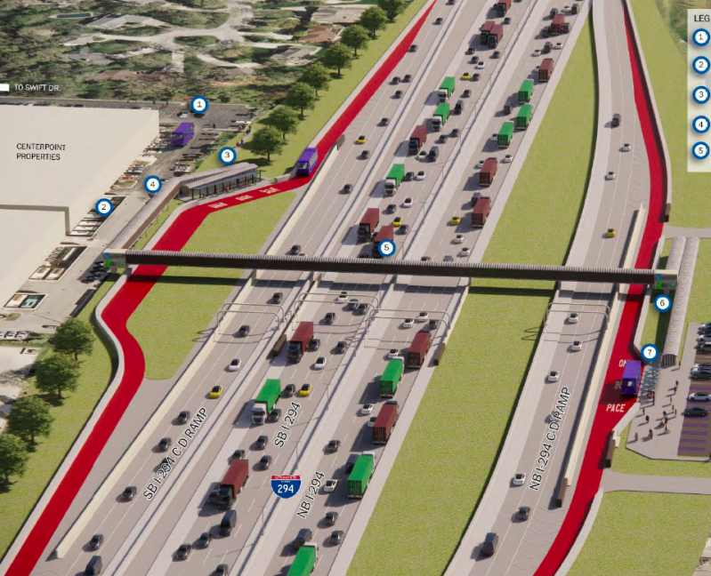 Rendering of the bus station design at Cermak Toll Plaza / Oak Brook station for the express route. Image: Pace