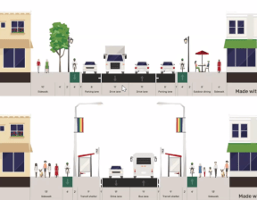 The planned layout of Commercial Avenue midblock (top) and at intersections (bottom.)