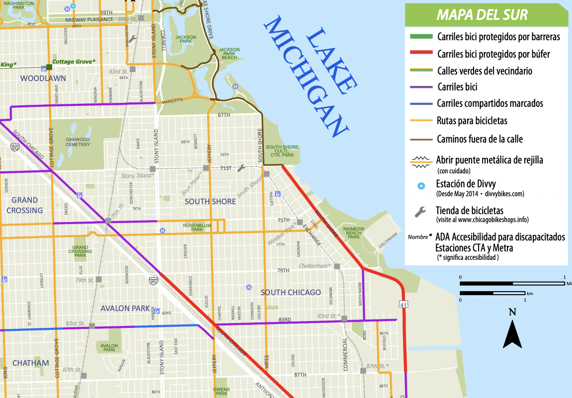 A detail from the Spanish version of CDOT’s Chicago Bike Map, published in 2014.