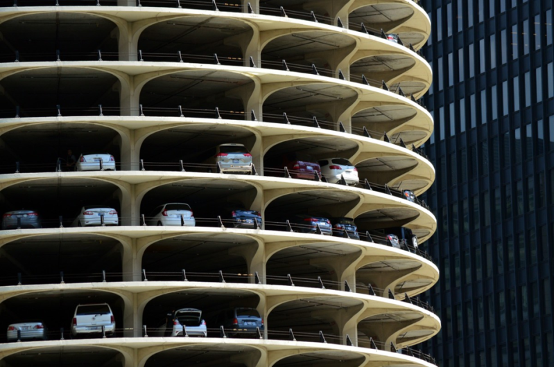 Residential parking at Marina City in Chicago. Researchers estimate that garage parking raises rents by an average of 17 percent. Photo: PxHere Creative Commons license