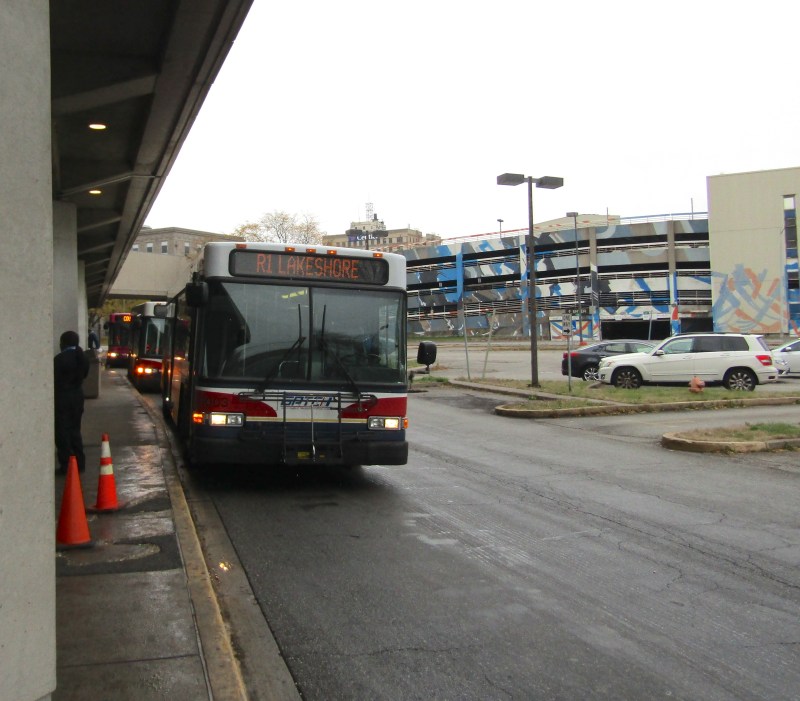 GPTC Route R1 and other buses wait at the Adam Benjamin Metro Center, the main GPTC transfer hub that doubles as the downtown Gary South Shore Line station. Photo: Igor Studenkov