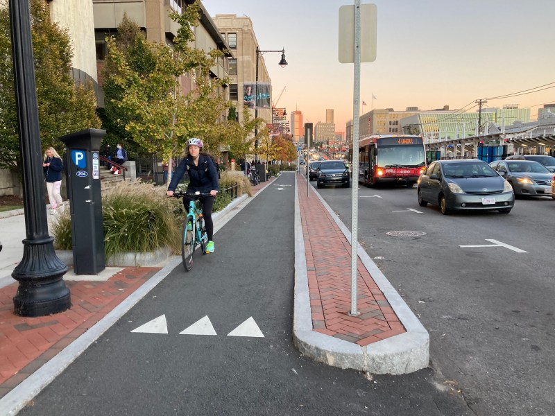 A raised bike lane on Commonwealth Avenue near Boston College. A facility like this can encourage "normal" people to bike. Photo: John Greenfield