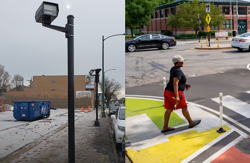 A red light camera in Chicago's West Ridge neighborhood and a paint-and-post sidewalk extension in the Austin community. Photos: Jeff Zoline, CDOT