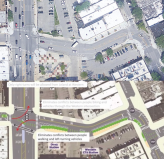 The current layout of Leland Avenue between Western and Lincoln avenues, and the proposed one, including a two-way protected bike lane that may be concrete-protected and/or raised. Images: Google Maps, CDOT