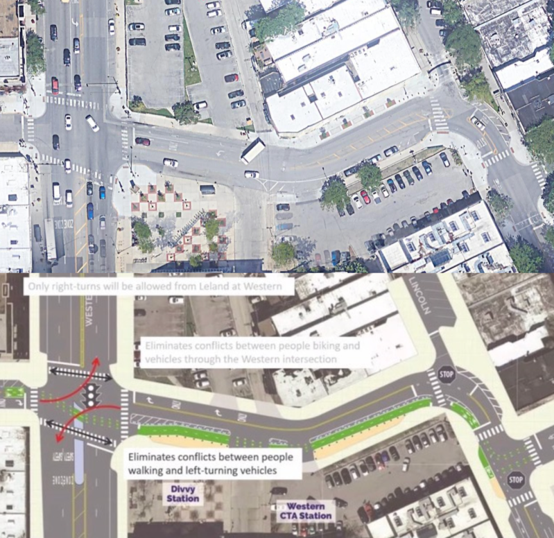 The current layout of Leland Avenue between Western and Lincoln avenues, and the proposed one, including a two-way protected bike lane that may be concrete-protected and/or raised. Images: Google Maps, CDOT