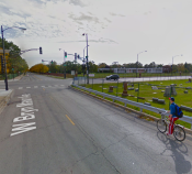 The 4000 block of West Bryn Mawr Avenue, looking east. While Bryn Mawr is relatively quiet near the Valley Line trailhead, it becomes highway-like east of Pulaski Road. Image: google Maps