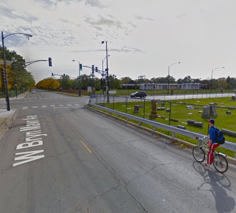 The 4000 block of West Bryn Mawr Avenue, looking east. While Bryn Mawr is relatively quiet near the Valley Line trailhead, it becomes highway-like east of Pulaski Road. Image: google Maps