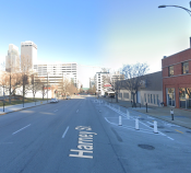 Omaha's only protected bike lane, a pilot project on a 1.5-mile stretch of Harney Street, was installed last summer. Image: Google Maps