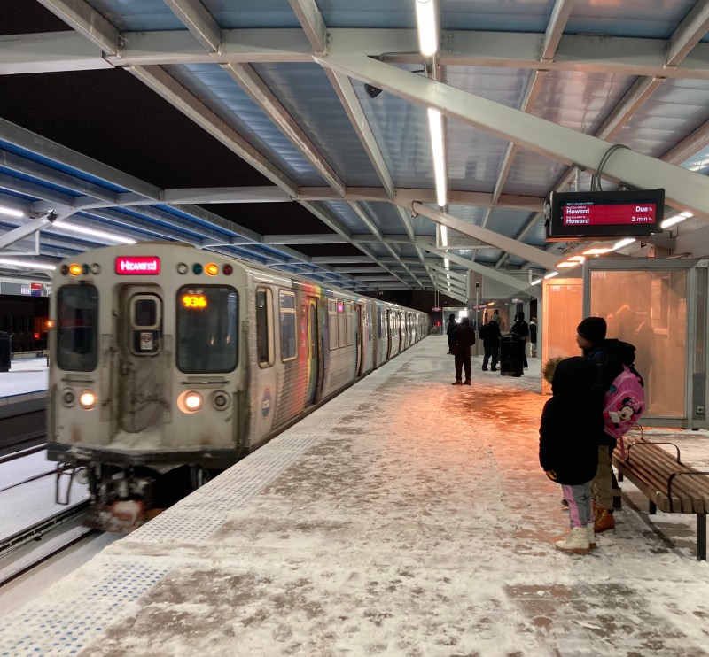 A Red Line train arrives at the Wilson station. Photo: John Greenfield