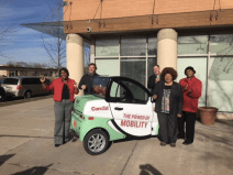Left to right: Melissa Washington (VP of external affairs at ComEd), Roman Kuropas (founder/CEO of Innova EV), Joe Svachula (VP of engineering and SmartGrid at ComEd), Paula Robinson (president of Bronzeville’s Community Development Partnership), and the interim manager of the TRC Senior Village. Photo: Brandon Bordenkircher
