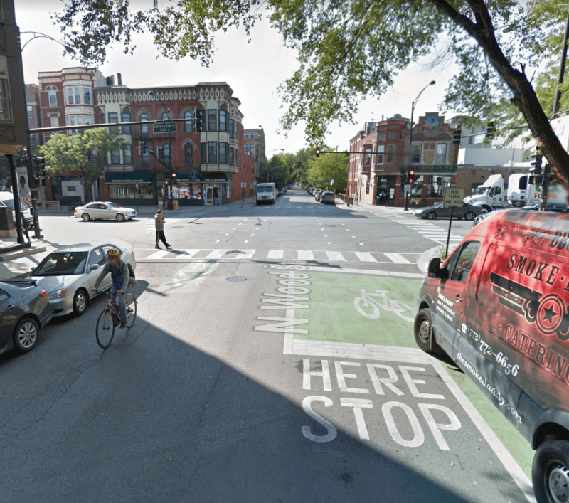 The existing Wood Street Neighborhood Greenway route, looking south at Division Street. Image: Google Maps