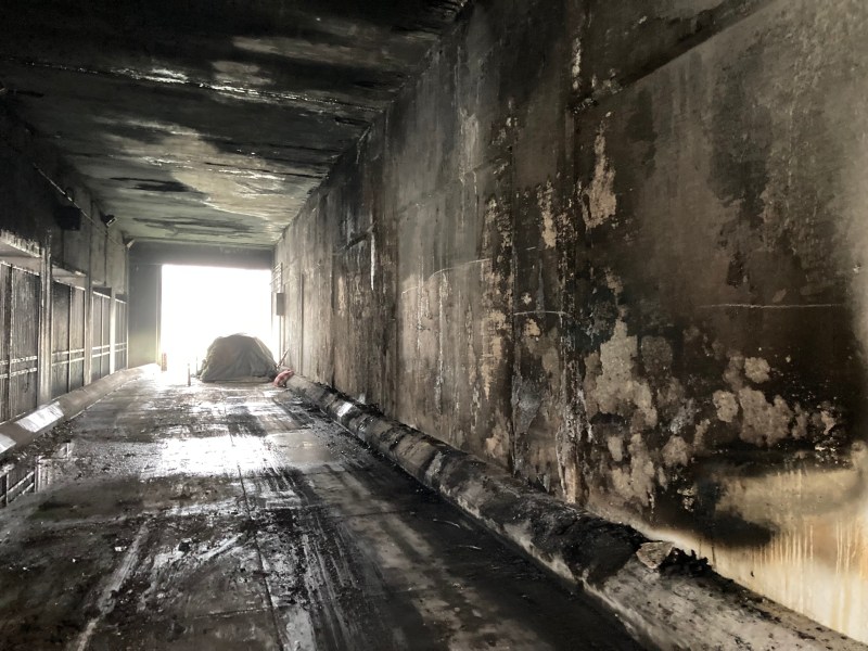 The south sidewalk of the Lawrence DLSD viaduct after Tuesday's blaze. Photo: John Greenfield