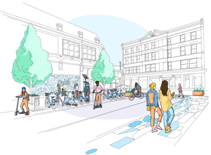 Rendering of a Divvy station with bikes and dockable scooters.
