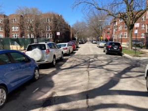 Looking west on Sunnyside Avenue towards Hazel Street. Construction fencing and cars parked too close to the intersection may have blocked the driver's view of the crosswalk at the south leg of the intersection. Photo: John Greenfield