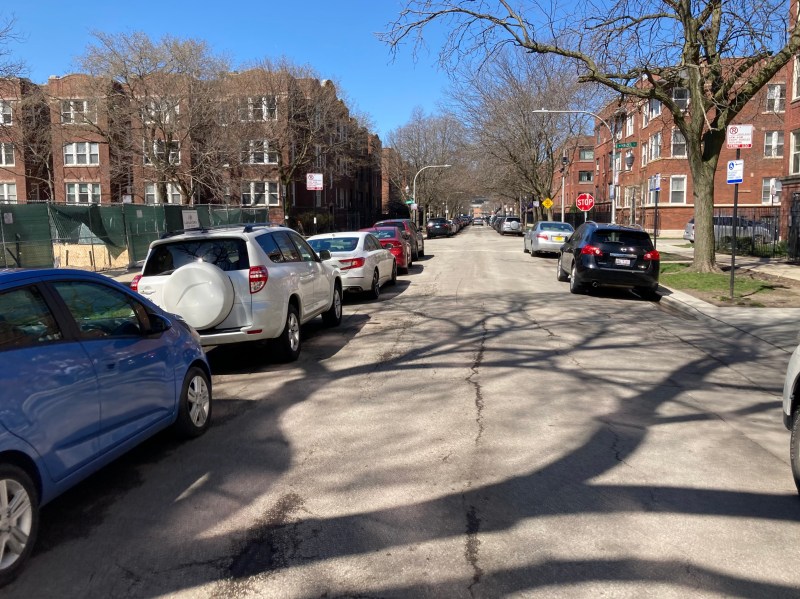 Looking west on Sunnyside Avenue towards Hazel Street. Construction fencing and cars parked too close to the intersection may have blocked the driver's view of the crosswalk at the south leg of the intersection. Photo: John Greenfield