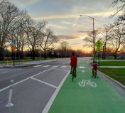 Riding in the new bike lanes on Jackson Boulevard in Columbus Park. Photo: CDOT