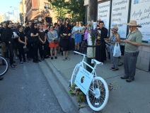 The ghost bike installation ceremony for Lisa Kuivinen, 20, killed at Milwaukee and Racine Street in 2016. Photo: Steven Vance