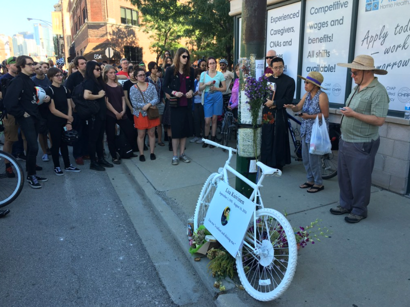 The ghost bike installation ceremony for Lisa Kuivinen, 20, killed at Milwaukee and Racine Street in 2016. Photo: Steven Vance