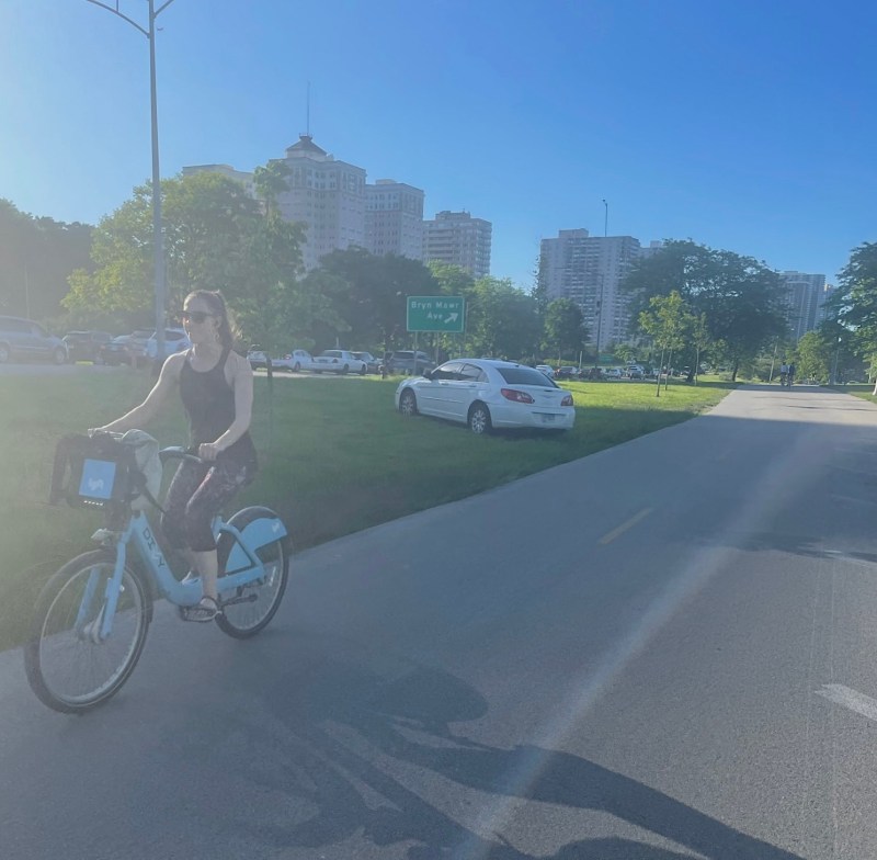 The apparent aftermath of a crash Friday afternoon on DuSable Lake Shore Drive just south of Bryn Mawr Avenue, with a car ending up a few feet from the Lakefront Trail. Photo: Courtney Cobbs