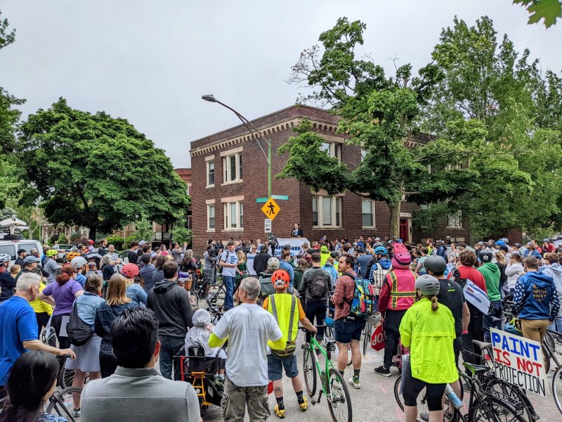 The crowd at Rafi Cardenas' crash sit. Photo: Eric Allix Rogers