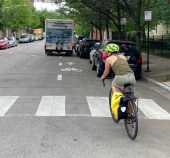 A trucker blocks a bike lane on Leland Avenue in Uptown, near the site where Lily Shambrook, 3, was killed earlier this month. Photo: John Greenfield