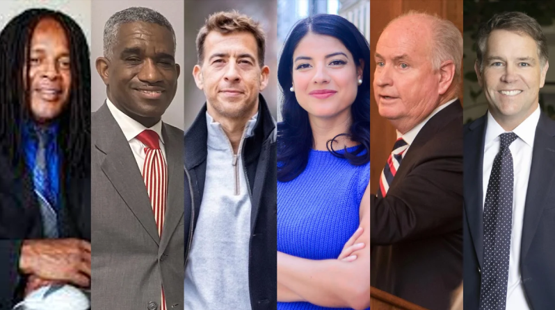 Illinois secretary of state candidates Sidney Moore, David Moore, Alexi Giannoulias, Anna Valencia, Dan Brady, and John Milhiser. Image: NBC