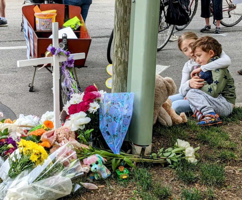 Memorial to Lily Shambrook, 3, killed by a driver in Uptown on June 9. Photo: Eric Allix Rogers