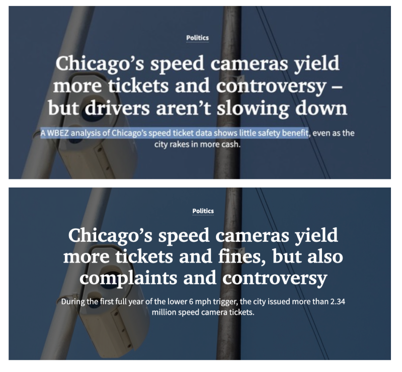 The WBEZ headline before and after Streetsblog and others called them out for it.