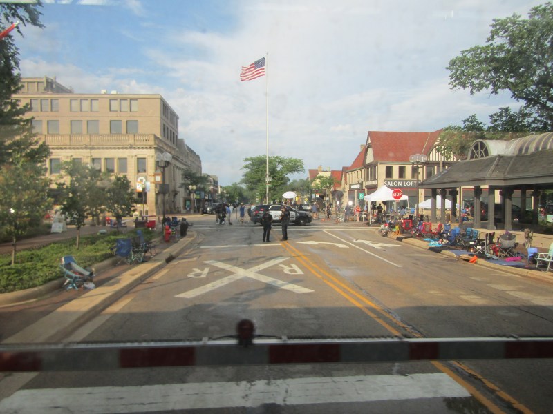 Looking west down Highland Park's Central Avenue from a UP-N train yesterday afternoon in the wake of the shooting. The shooter was standing on the roof of the Ross Cosmetics Building at Central and 2nd Avenue, about a block west of the tracks. Photo: Igor Studenkov