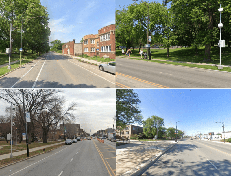 Clockwise from top left: Speed cameras on a two-lane street next to Sherman Park in a majority-Black census tract in Englewood; on a four-lane street next to Warren Park in a majority-Asian-American tract in West Ridge; on a four-lane street Next to Curie High in a majority-Latino tract in Archer Heights; and on a four-lane street next to Welles Park in a majority-non-Hispanic white tract in Lincoln Square. Images: Google Street View