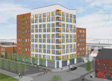 Rendering of an affordable TOD by 43rd Street Green Line stop.