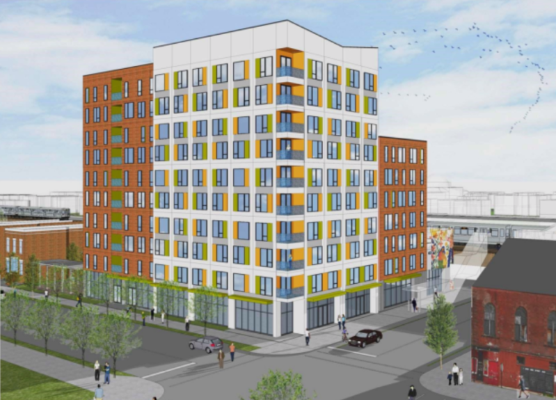 Rendering of an affordable TOD by 43rd Street Green Line stop.