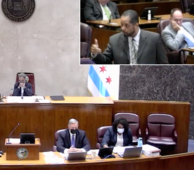 Ald. Anthony Beale (9th) argues for his ordinance to allow 9 mph speeding at today's City Council meeting.