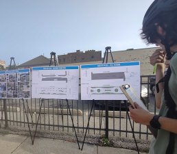 The scenario where there would still be a travel lane on Catalpa for drivers, and the version with full pedestrianization. Photo: Carl Beien