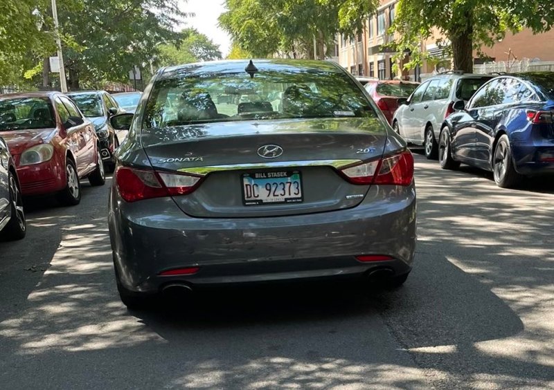 The hit-and-run driver's car, a gray Hyundai Sonata sedan with license plate number DC 92373. If you spot the vehicle, you can call 911 or the CPD tip line at 312-745-4521 to report it.