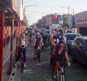 The Bike Bus rolls towards Fullerton Avenue in Lincoln Park. Photo via CBGN