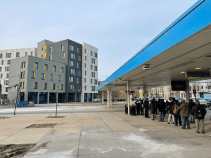 The Lucy Gonzalez Parsons apartments next to the Logan Blue Line stop. Photo: Steven Vance