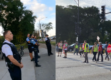 The responding officers and the crosswalk enforcement volunteers. Images: Twitter user @Nova99999 and Chicago, Bike Grid Now!